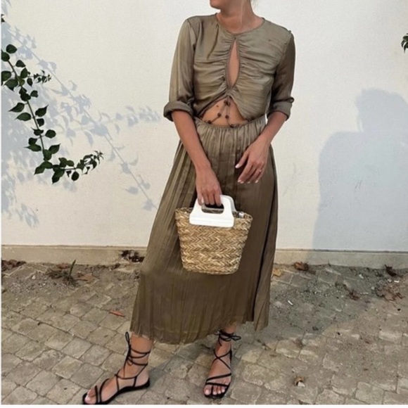 Zara Dresses & Skirts - Zara Pleated Beaded Cut Out Satin Dress in Khaki/Sage Green NWT Size Medium